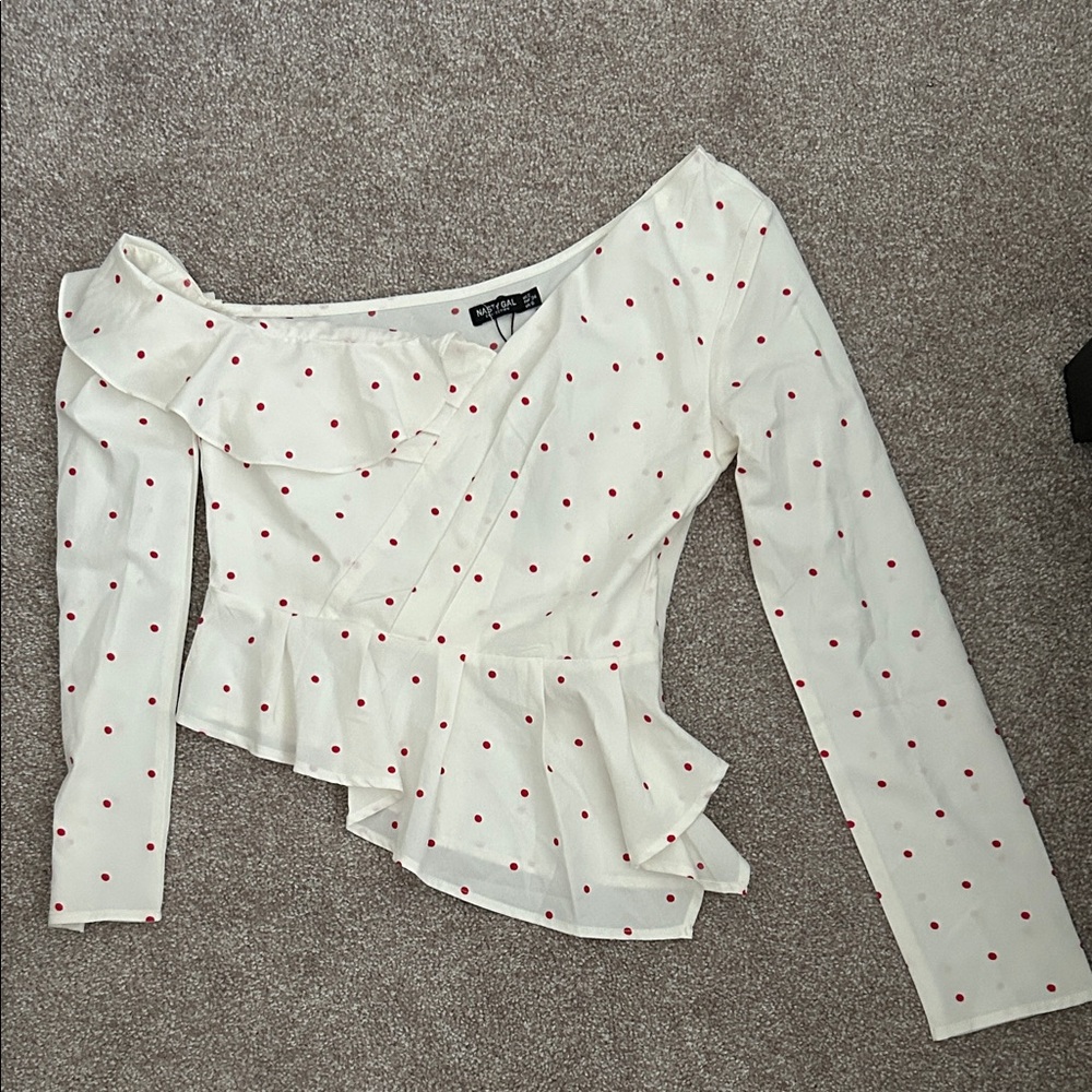 Nasty Gal Cream Blouse with Red Polka Dots